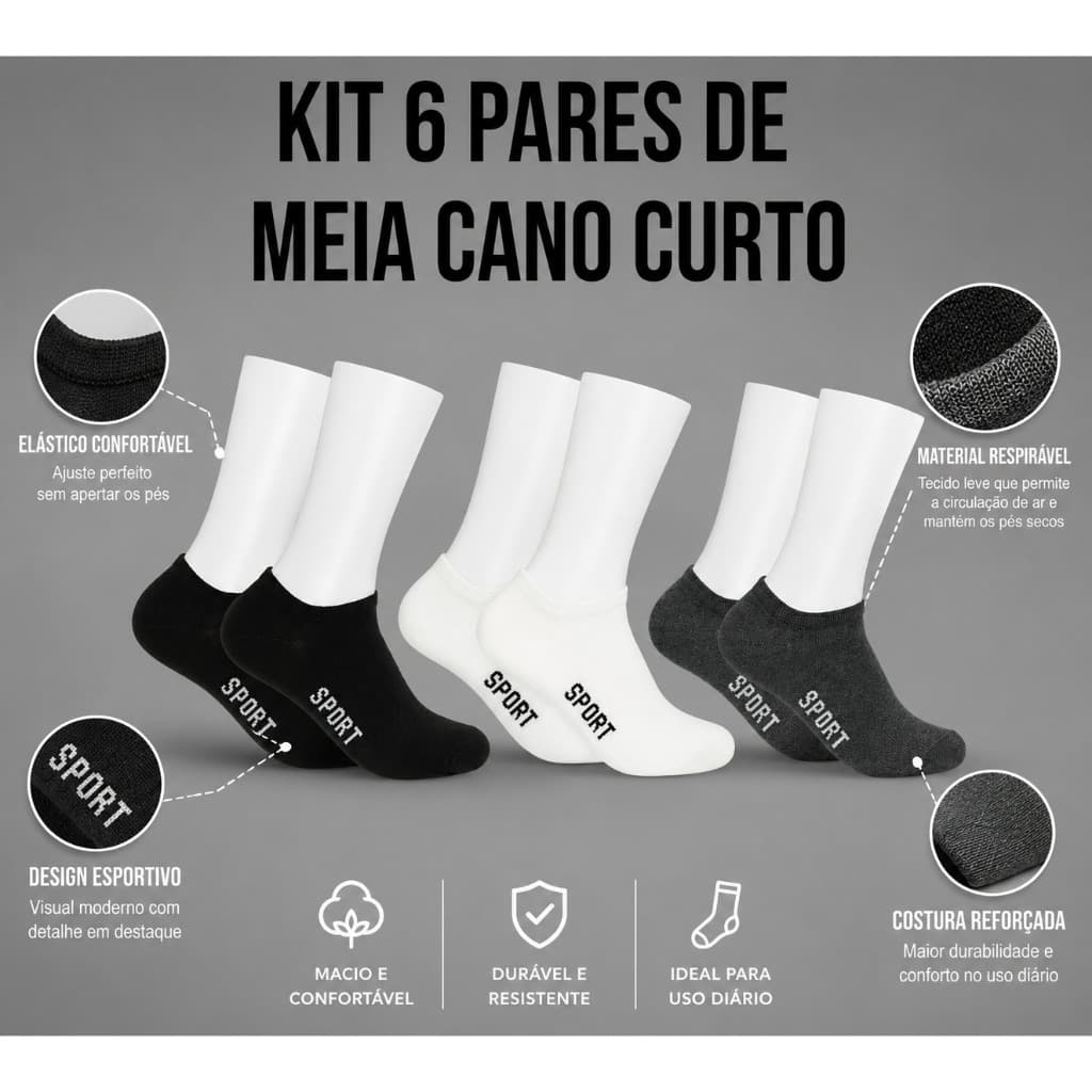 Kit 6 Pares de Meia Cano Curto Cano Baixo Soquete Sapatilha Unisex