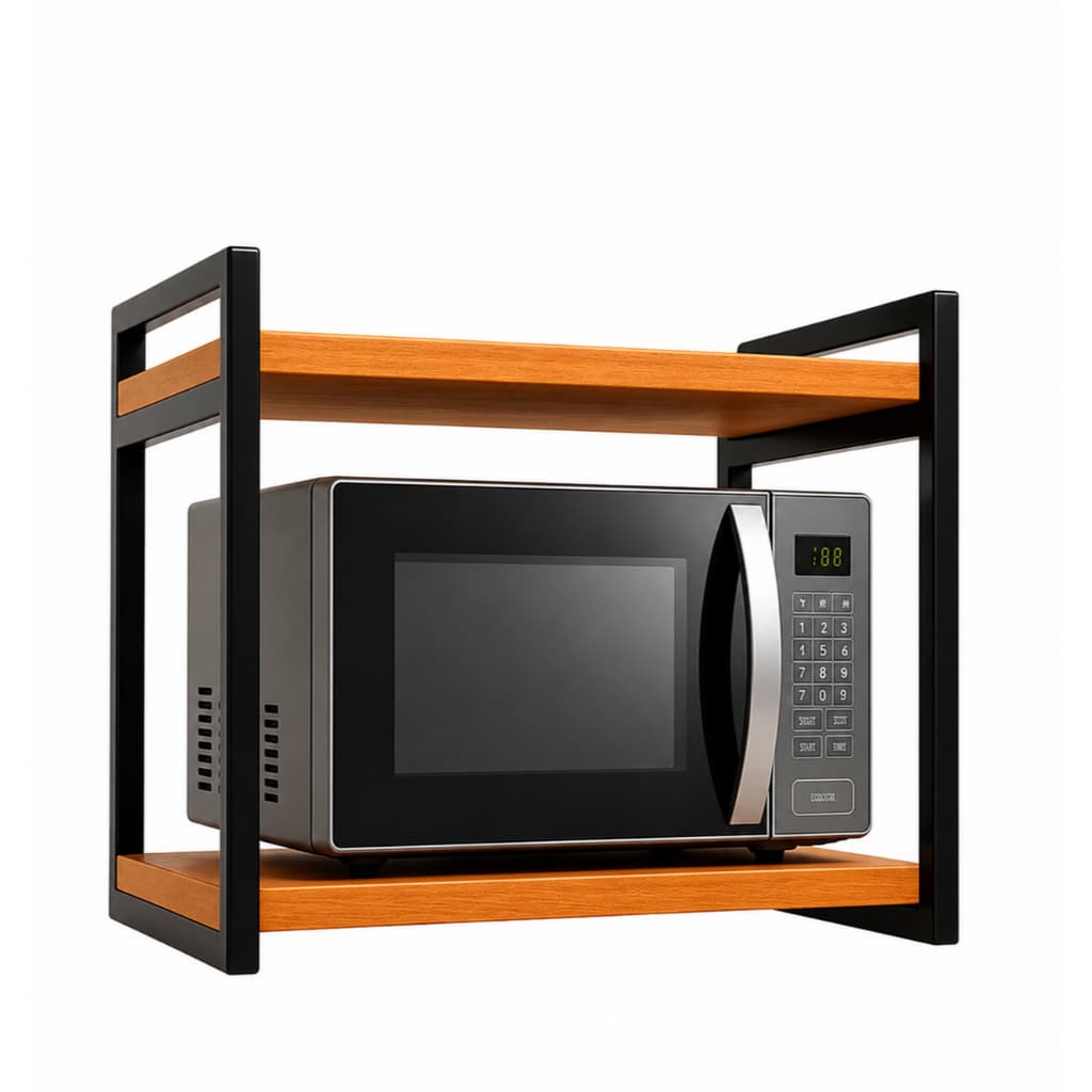 Prateleira 60cm Dupla para Microondas Cozinha Moderna Industrial, Madeira MDP e Suporte de Aço Preto com Pintura Boa
