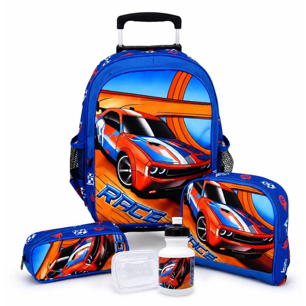 Kit Escolar Infantil Carrinho Mochila De Rodinhas Carro Race Lancheira Estojo Garrafa Pote