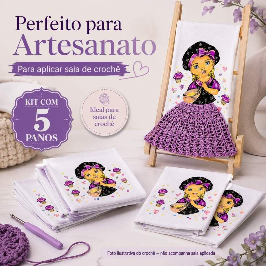 Kit 5 Pano De Prato Saia de Crochê Bonequinha CupCake