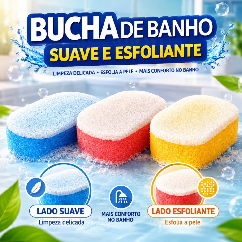 Esponja  Banho Dupla Face  Limpeza Suave Buchas Esfoliante Kit 3 unidades