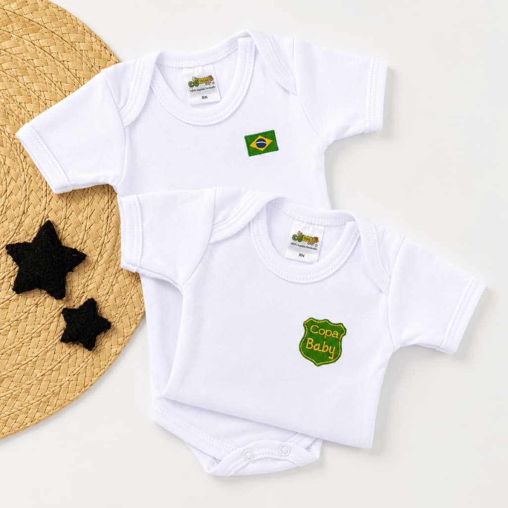 Kit 2 Bodies Copa Baby e Bandeira do Brasil Suedine 100% Algodão RN ao G