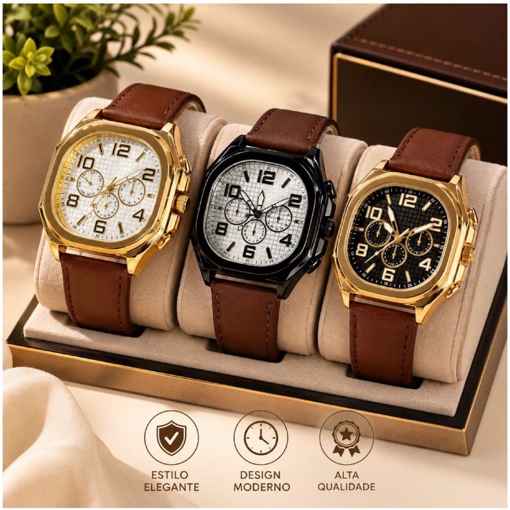 [UB01]Relógio de pulso Masculino Couro Preto Luxo Social Esportivo Caixa em Aço Elegante Grande