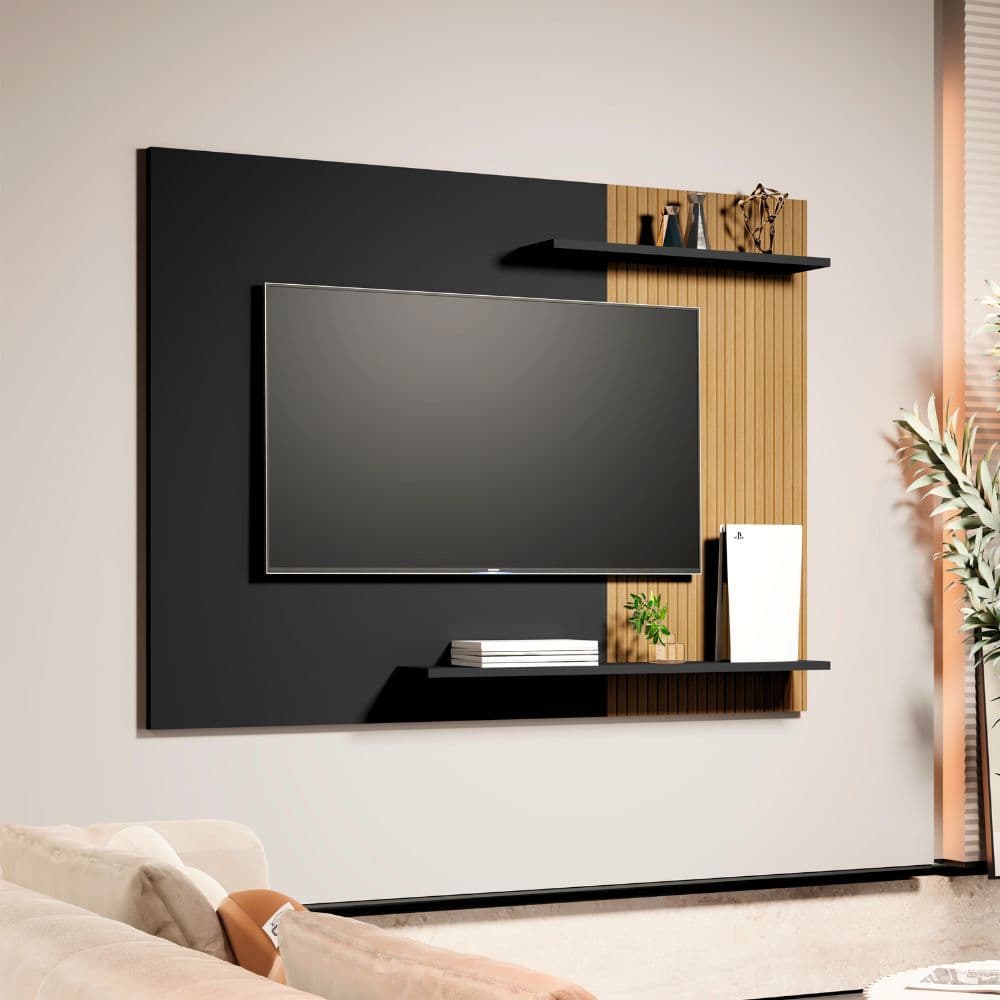 Painel para TV 58 Polegadas Ripado com Prateleiras Moderno para Sala.