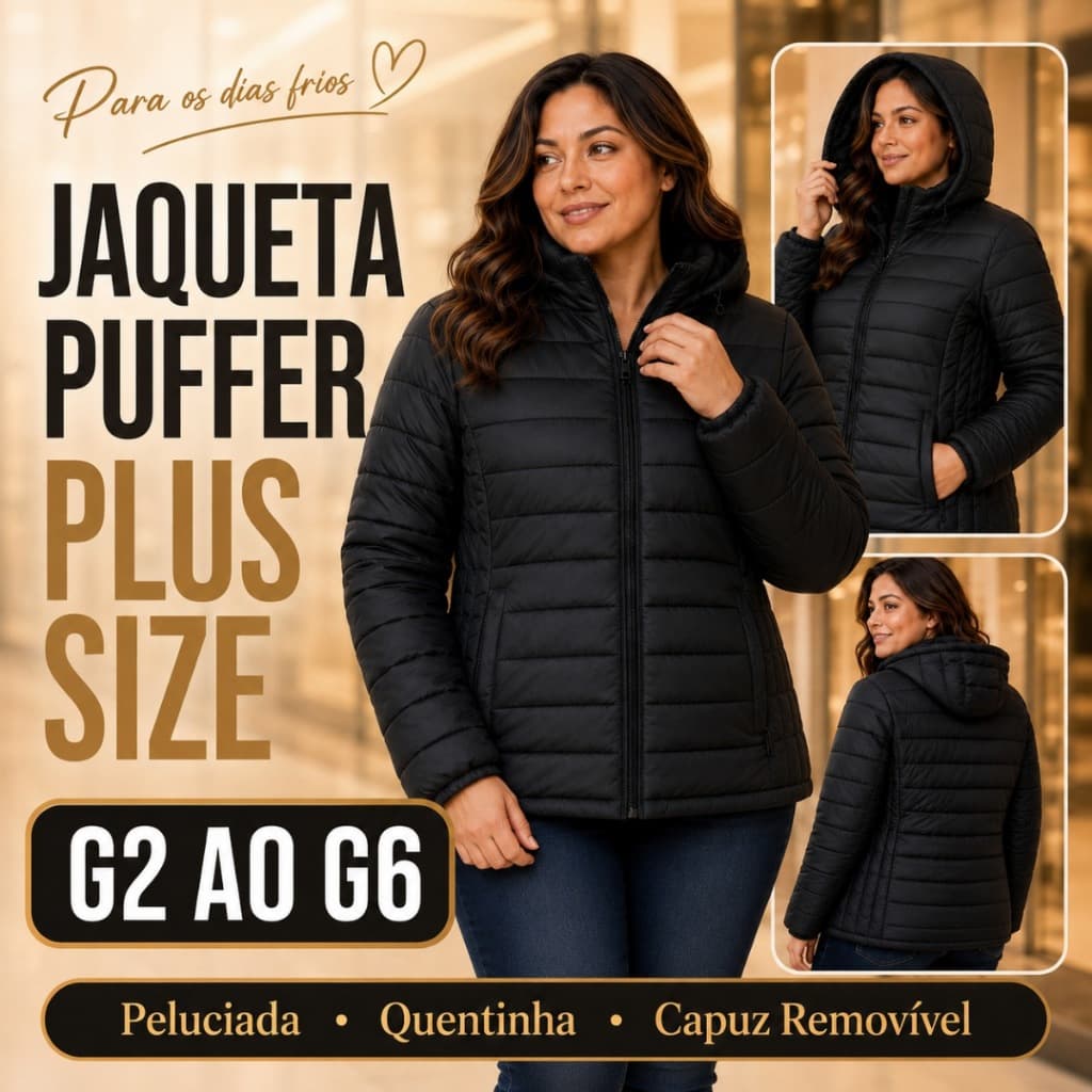 Bobojaco Feminino Plus Size G2 ao G6 Jaqueta Puffer de Frio Peluciada Quentinha com Capuz Removível