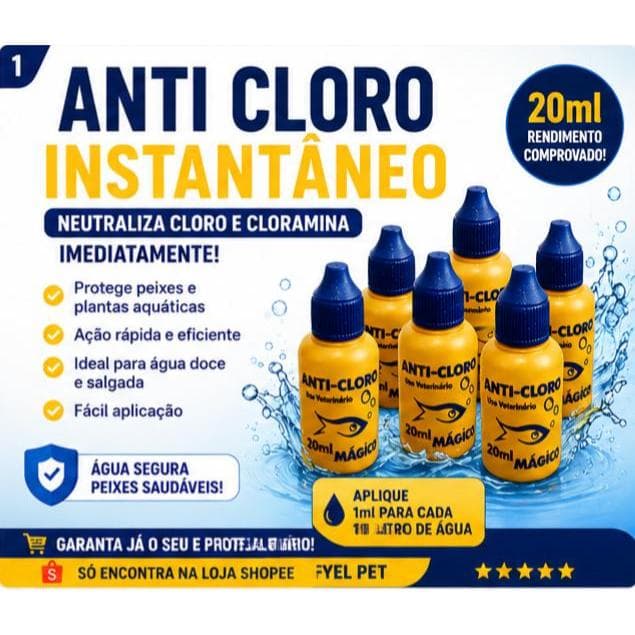 Anti Cloro Neutralizador Instantâneo 20ml Remove Cloro e Cloramina Para Aquário Água Doce e Marinho