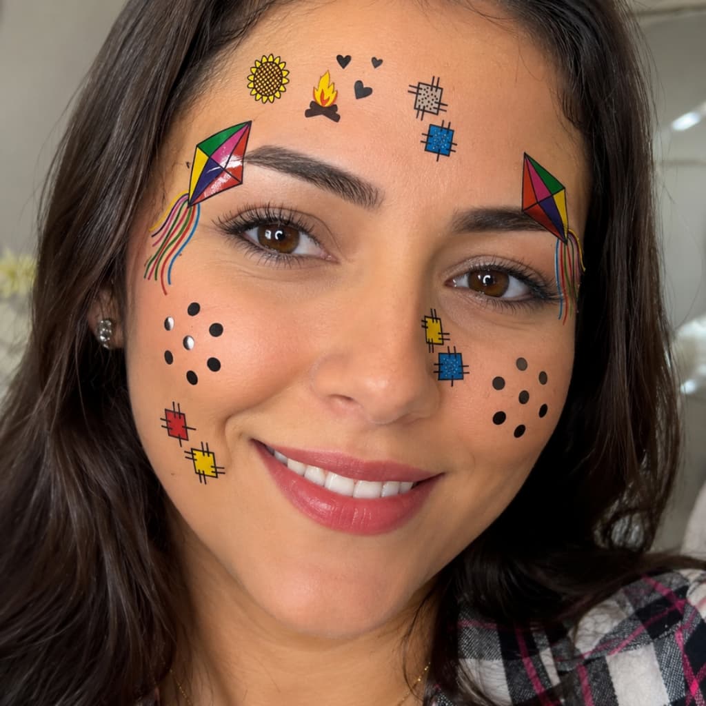 Kit Adesivos decorativo Facial Festa Junina Infantil Coração, Estrelas, Fogueira e Bandeirinhas