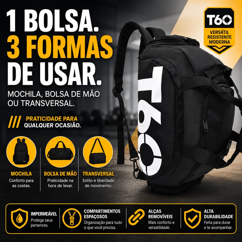 Bag T60 Bolsa Esportiva Feminina Mochila 3 em 1