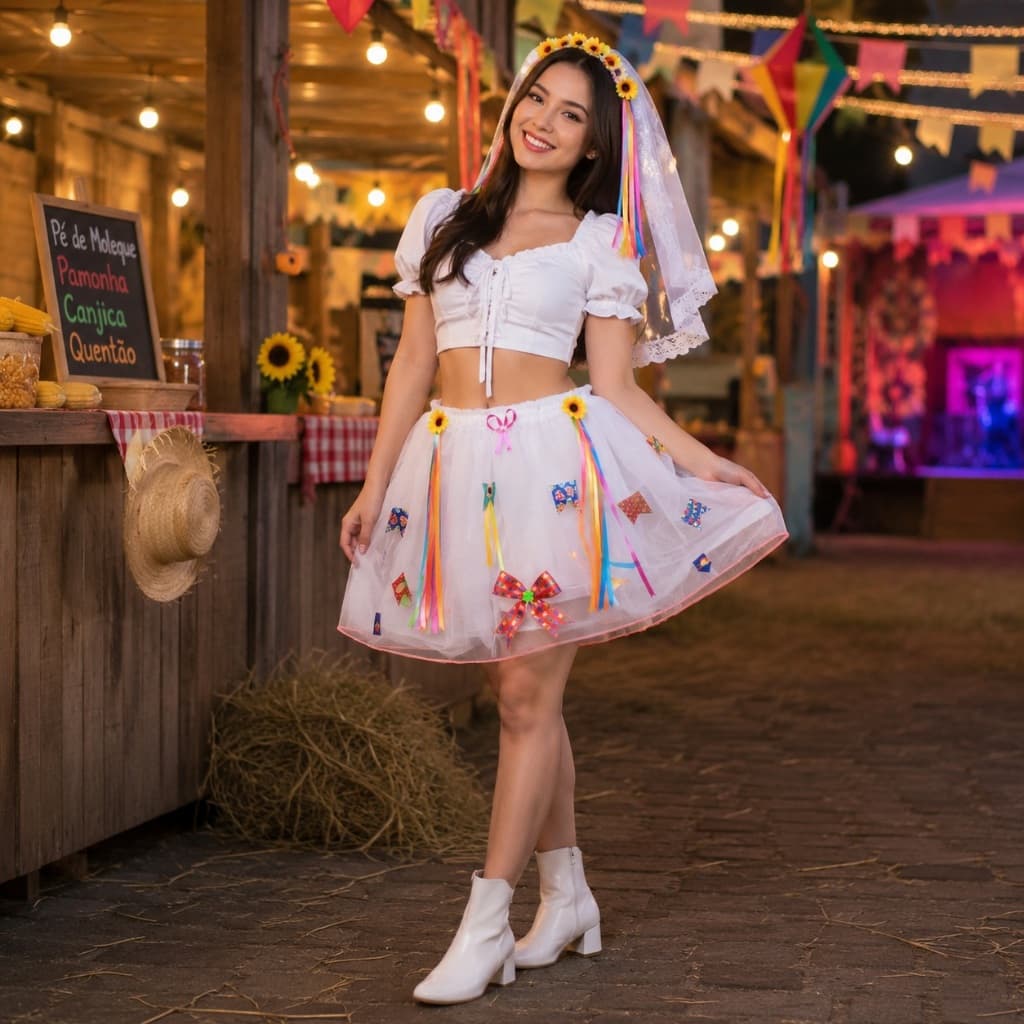 Kit Saia Junina Tule + Tiara Véu Festa Junina Infantil/Adulto Arraiá São João Quadrilha Fantasia