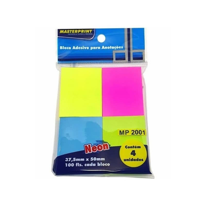BLOCO DE NOTAS ADESIVO MASTERPRINT NEON 4 CORES MP2001