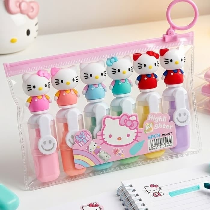 Kit Marca Texto 6 Cores Mini Personagem Hello Kitty Sanrio Fofo Tons Pastel Escolar com Estojo Kawai