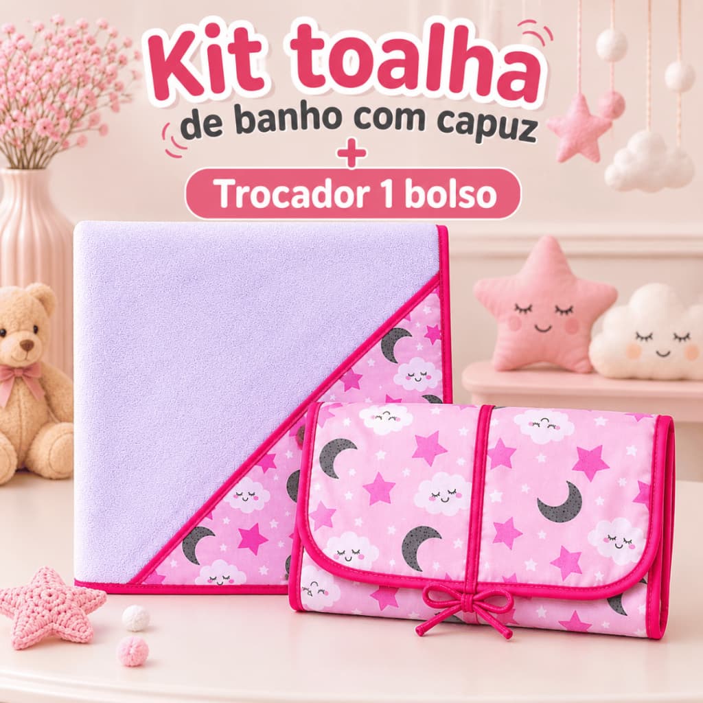Kit toalha de banho com capuz + trocador de fralda portátil 1 bolso bebê
