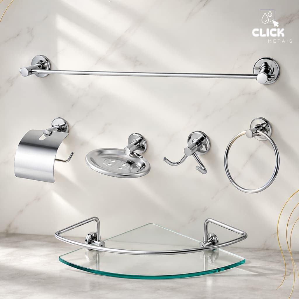 Kit Acessórios Banheiro 6 Peças Inox Porta Shampoo Prateleira Canto Vidro Lavabo Antiferrugem