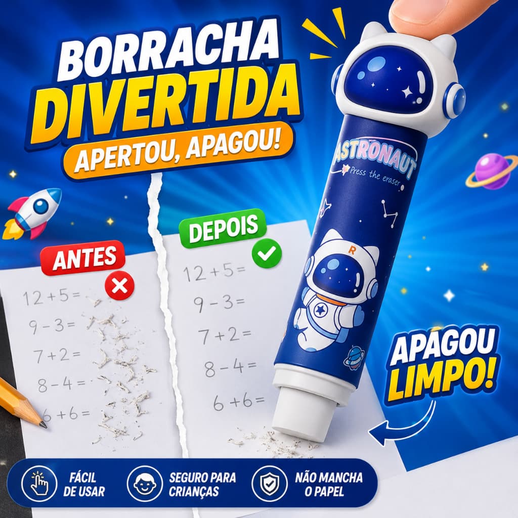 Apagador de Astronauta Fofo com Botao Pressao Nao Faz Sujeira Presente Escolar