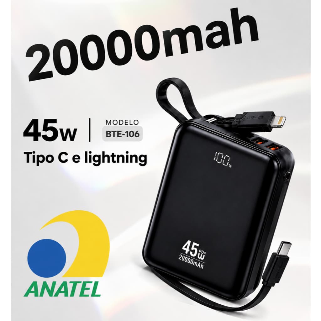 Carregador Portátil Power Bank 20000mAh 45W Turbo Mini Com Cabos Integrados USB-C Lightning Display LED