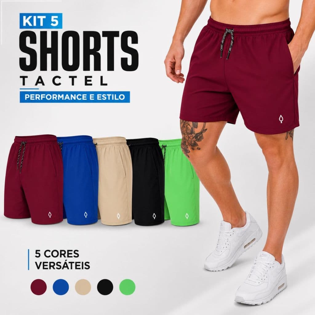 Kit 5 Shorts Praia Liso Masculino Tactel elastano Básico Academia Treino