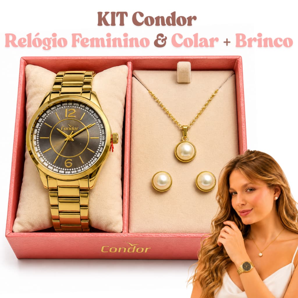 KIT Relógio Feminino Analógico Dourado Condor + Colar e Brinco - COPC21JFB/K4C Original