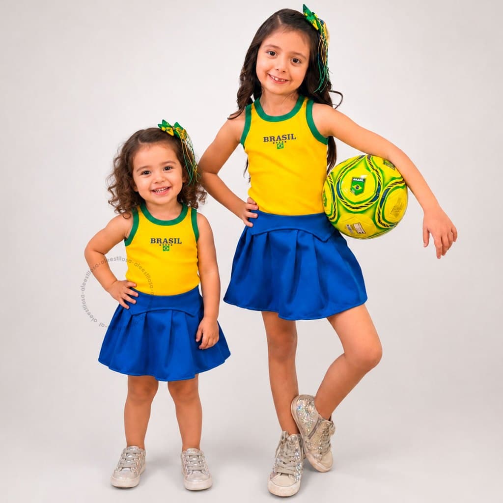 Conjunto Infantil Brasil Menina Estiloso Seleção Verde E Amarelo Blusa Shorts Saia Copa Brasilidades