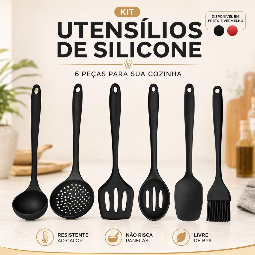 Jogo de Utensílios de Silicone 6 peças Concha Escumadeira Espátula Colher Vazada Colher Pincel