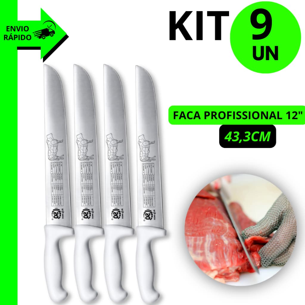 Kit 9/7/6/5 Unidades Faca de Corte Profissional 12" Aço Inox Cabo Confortável Alta Qualidade