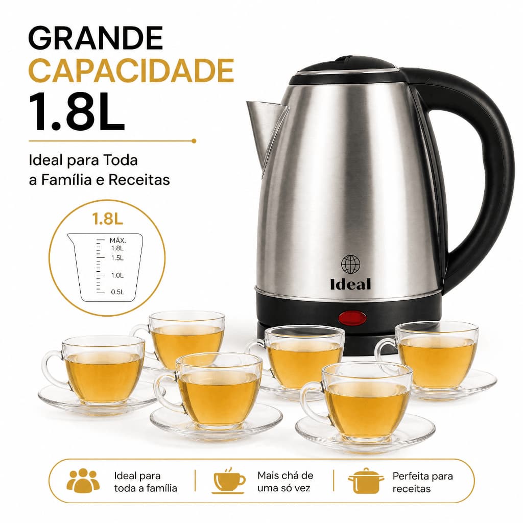 Chaleira Elétrica Inox café e chá 1.8L Potente 127V ou 220V Fervura Rápida