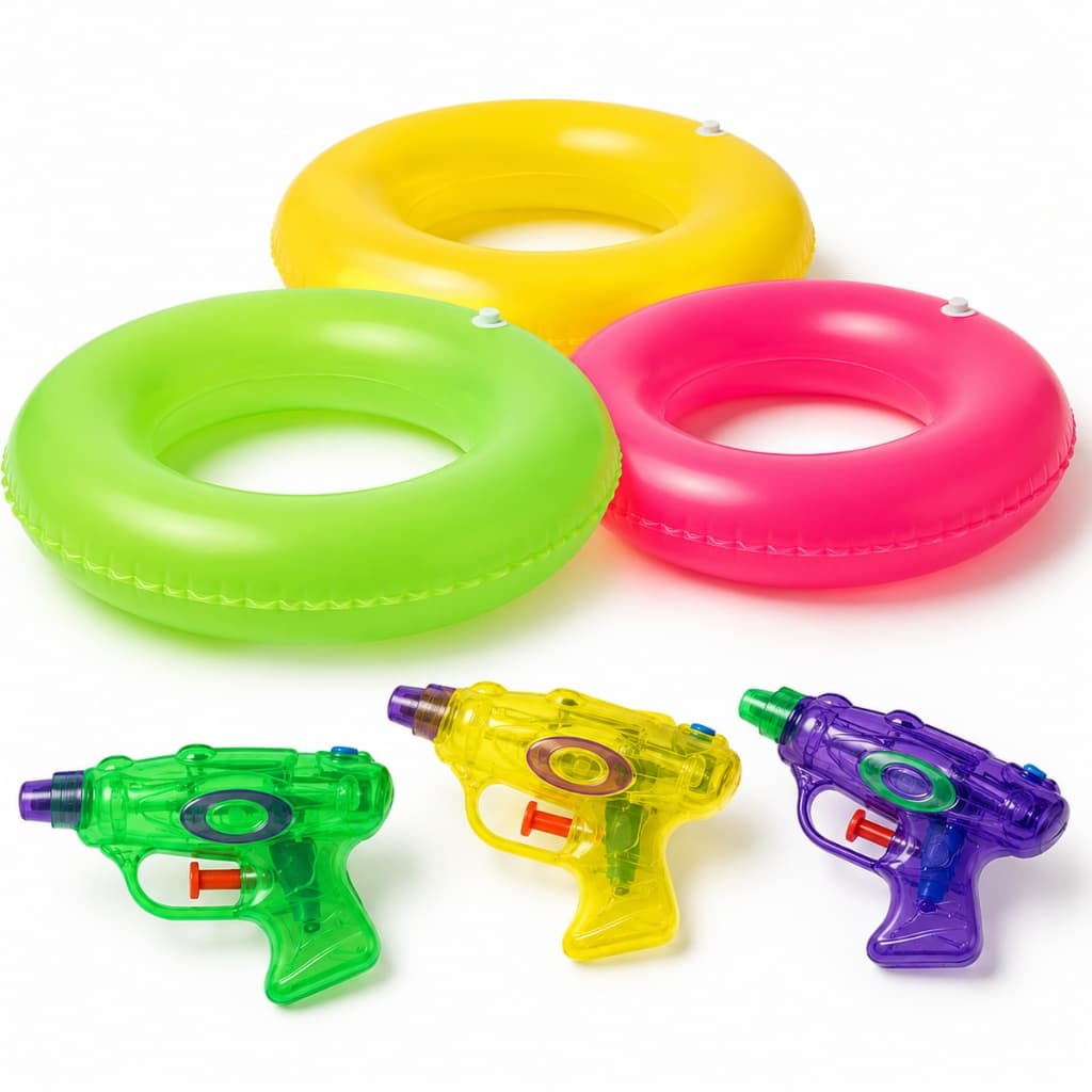 Kit com 3 Boias Infláveis Neon 60cm e 3 Pistolas de Água Piscina Praia Infantil Verão Diversão