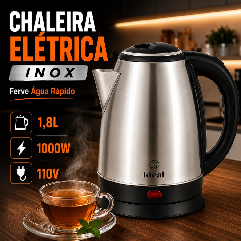Chaleira Elétrica Inox 1,8L 110V 1000W Ferve Água Rápido Leite Chá Café