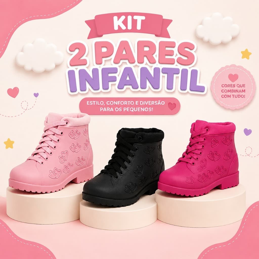 Kit 2 Pares Botinha Infantil Menina Leve Rosa Confortável Preta Escolar Calce Fácil Estilosa Solado Alto Lindo Minimalis