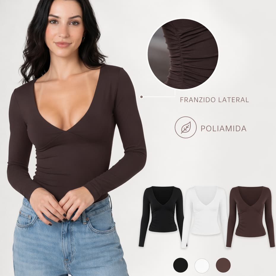 Blusa Feminina Manga Longa em Poliamida Decote V com Drapeado Lateral