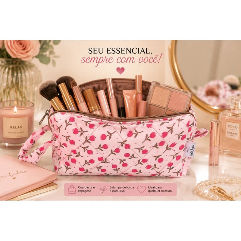 Necessaire Feminina Bolsa Porta Maquiagem Rosa Tulipa