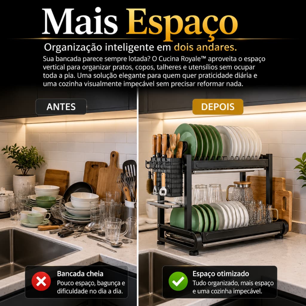 Escorredor de Louças Cucina Royale 2 Andares Multifuncional Organizador de Pia  Preto Fosco