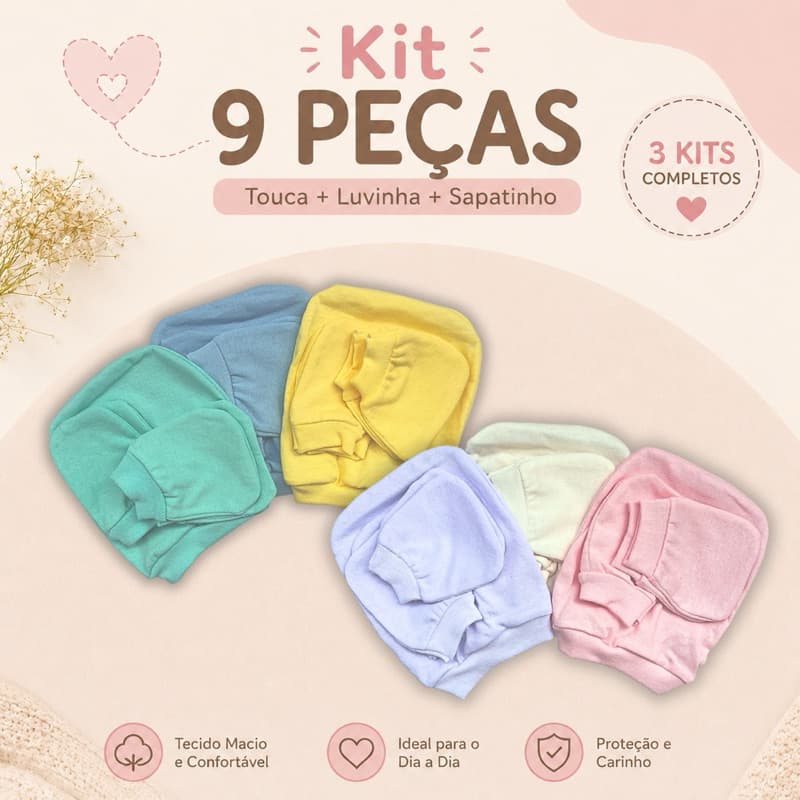 Kit 3 Toucas 3 Luvas e 3 Sapatinhos, 9 Peças Para Recém Nascido, 100% Algodão