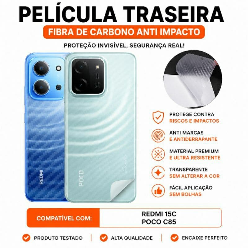 Película Redmi 15C/Poco C85 Películas Traseiras Proteção Fibra De Carbono Anti Impacto Transparente