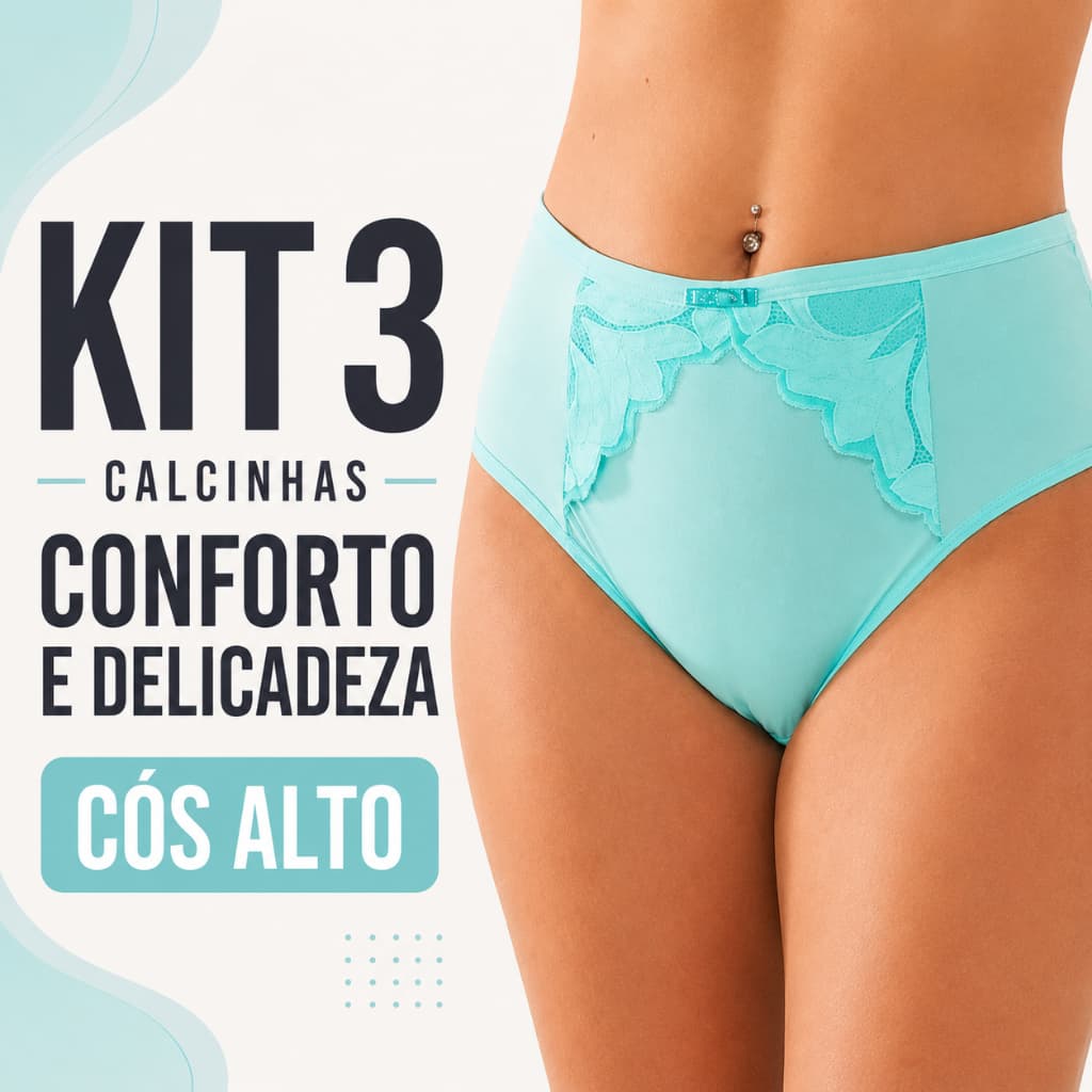 Kit 3 Calcinhas Femininas Cós Alto Algodão Confortável Plus Size Cintura Alta