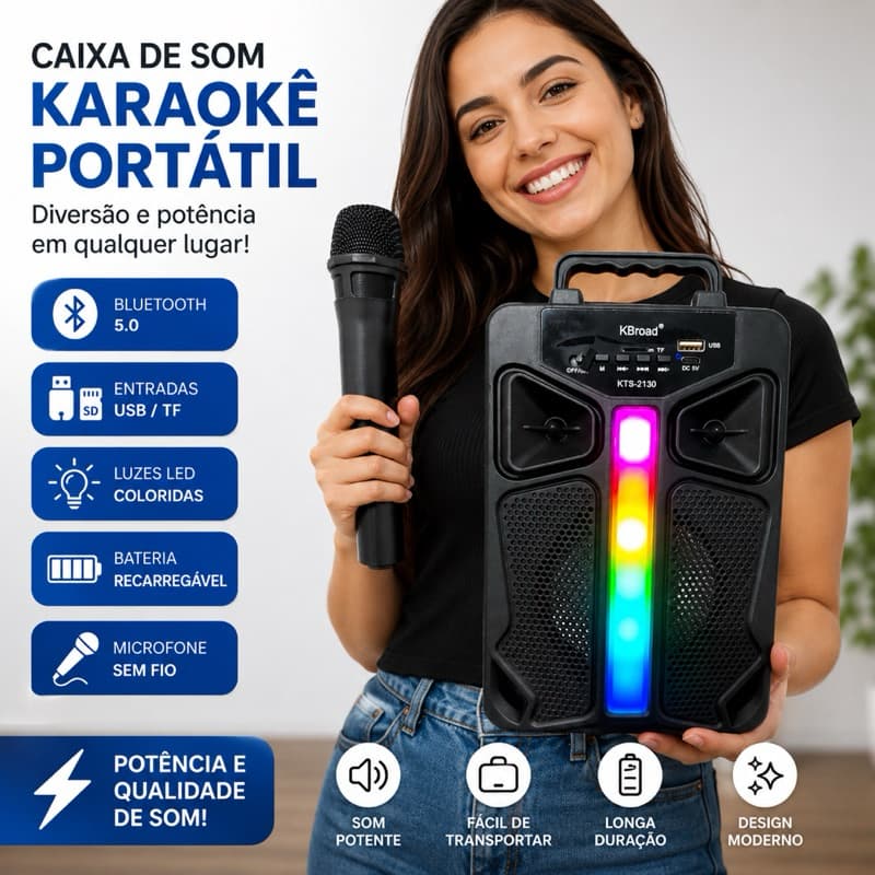 Caixa De Som Bluetooth Portátil Potente Com Microfone Sem Fio Karaokê