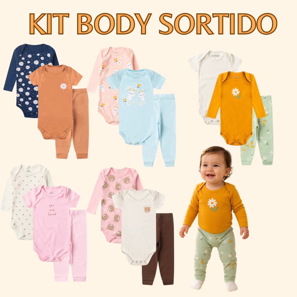 KIT 3 CONJUNTOS 9 PEÇAS BEBÊ MENINA BODY E CALÇA SUEDINE
