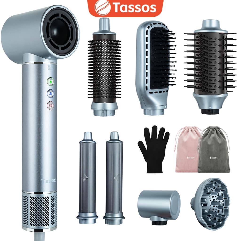 TASSOS Secador de Cabelo Multifuncional 8 Em 1 Conjunto 1300w com 8 Acessórios e Luva de Proteção para Cabelos