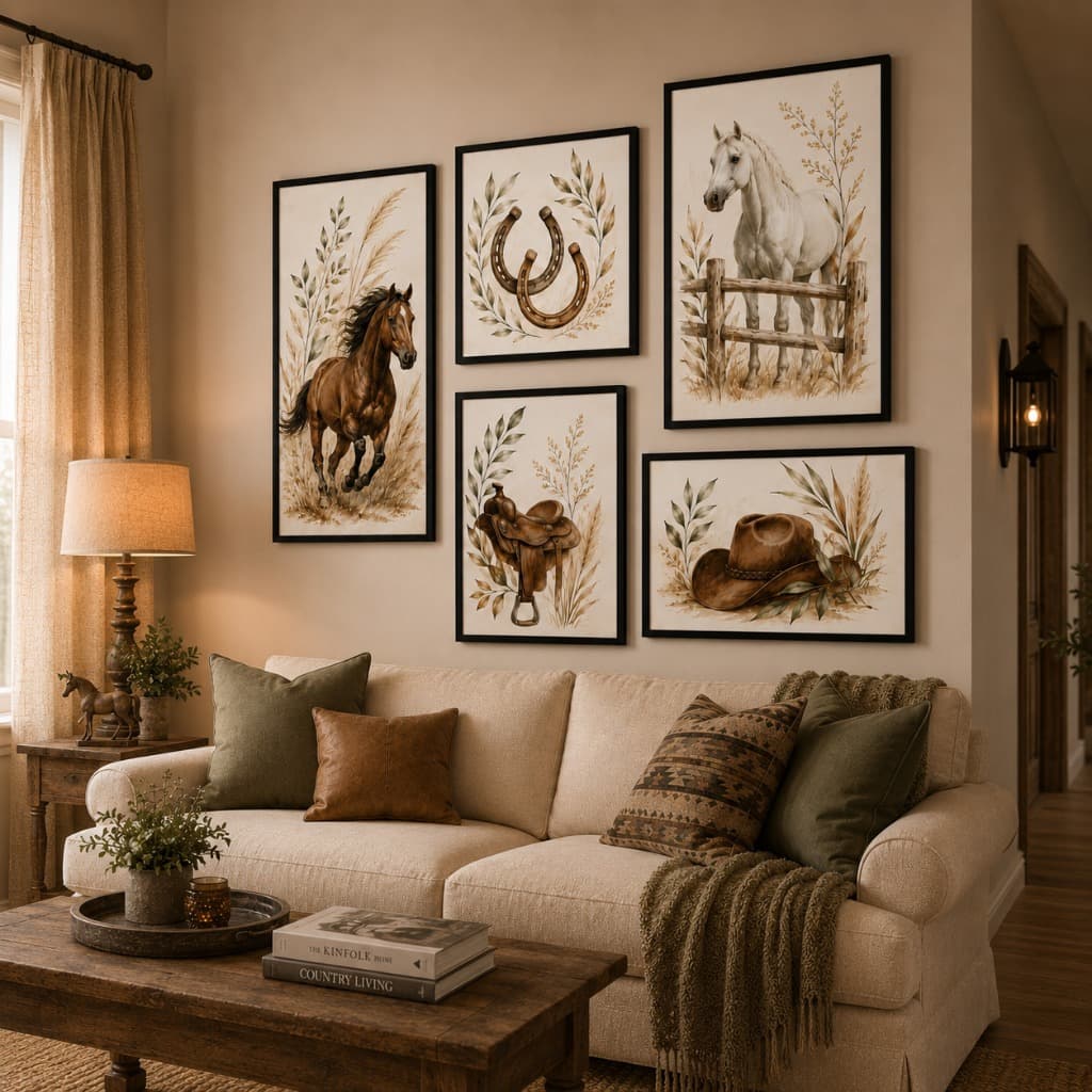 Quadro Cavalos Fazenda Country Premium Kit 5 Peças Decoração Rústica Haras
