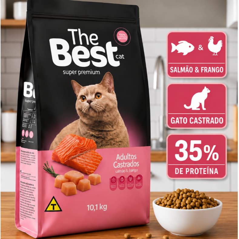 Ração Premium Gatos Adultos Castrados The Best Cat 10,1kg Salmão Frango  Controle Peso Urinário
