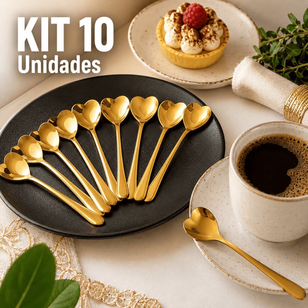 Kit 10 Colheres Coração Douradas em Aço Inox Talheres para Café Chá Sobremesa Mesa Posta