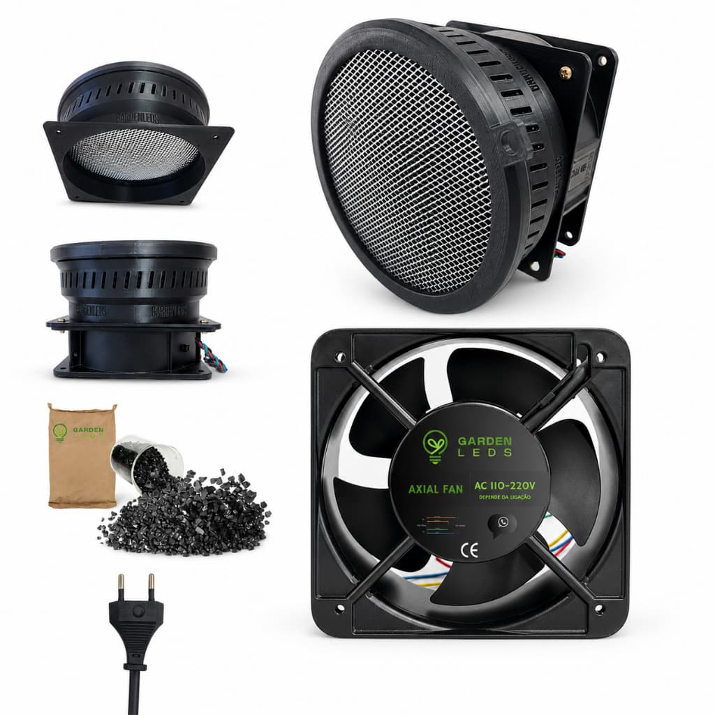 Kit 120mm Exaustor + Filtro de Carvão Ativado Embutido - Anti Odor Grow Cultivo Indoor 110v ou 220v