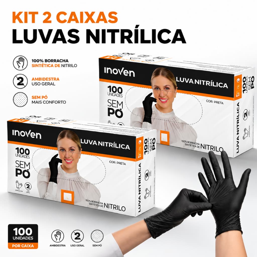 Kit 2 Luva Nitrilica Preta Descartável Sem Pó 200 Unidades Resistente Manicure Cozinha Churrasqueiro