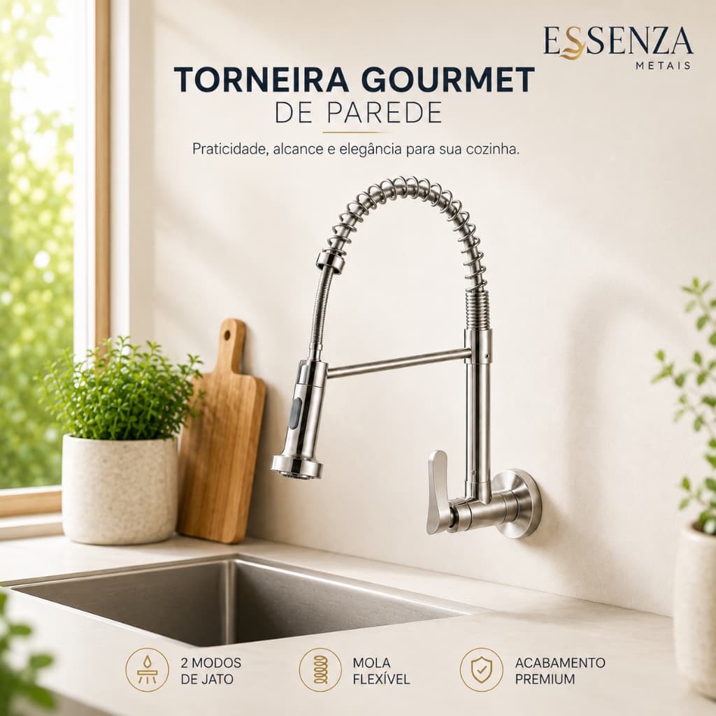 Torneira Cozinha Parede Gourmet Água Fria Ducha Duo Spray Preto Extraível Flexível Premium Essenza