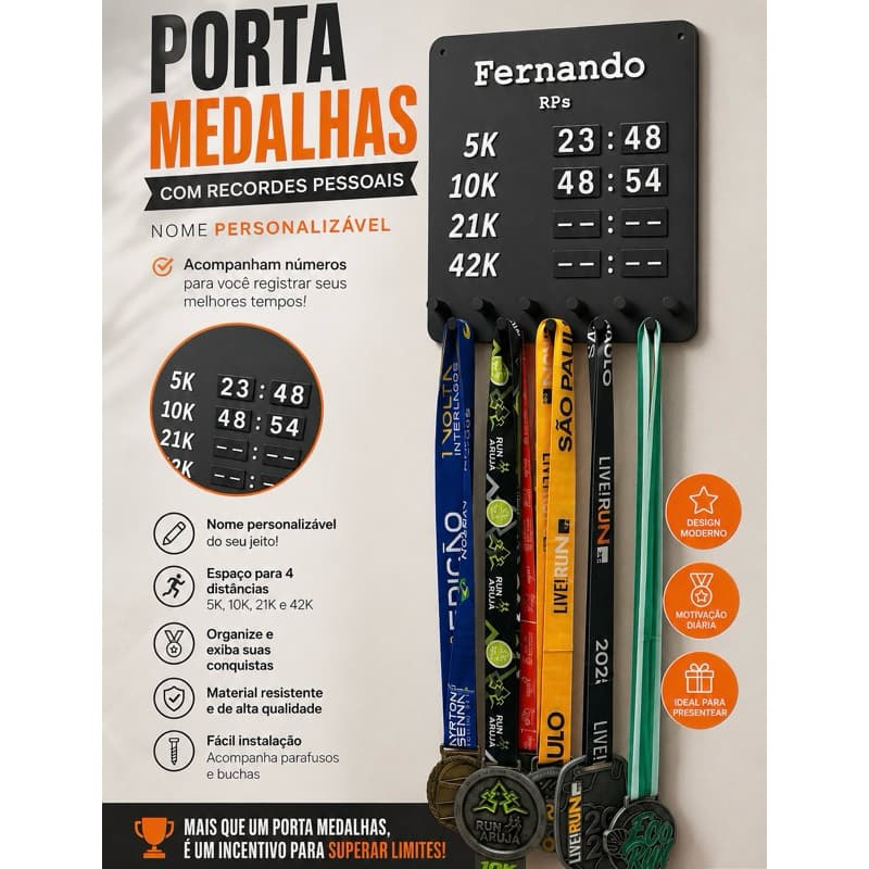 Porta Medalhas Personalizado com Recordes Pessoais | Corrida 5K 10K 21K 42K | Nome Personalizável