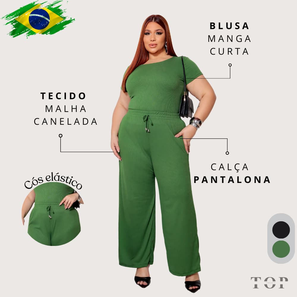 Conjunto Feminino Plus Size Blusa Manga Curta e Calça Cintura Alta Pantalona Malha Canelada