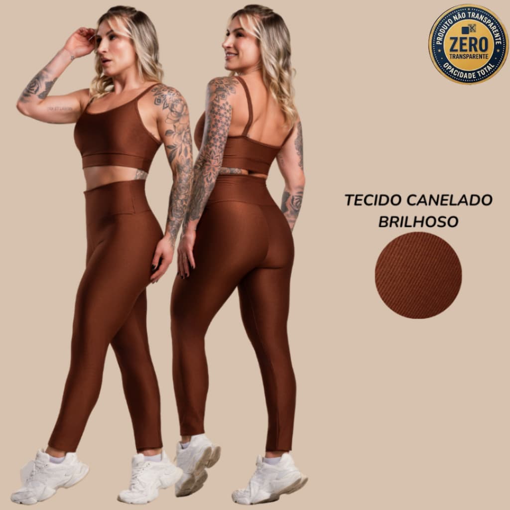 Conjunto Fitness Feminino Canelado Brilhoso Academia Top Alça e Calça Legging Lisa Básica Cintura Alta RIQ Modas