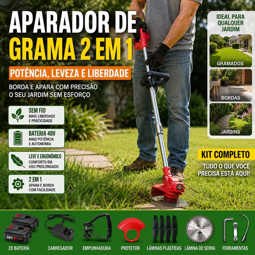 Roçadeira Sem Fio 48V Aparador Cortador de Grama Com 2 Baterias Recarregáveis Para Jardim