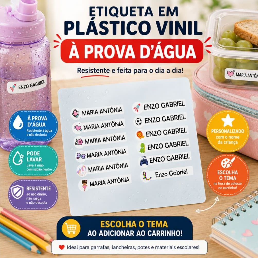 Etiqueta Adesiva Escolar Lavável a Prova d'Água com nome Adesivo vinil personalizado com tema bebê criança 5x1cm