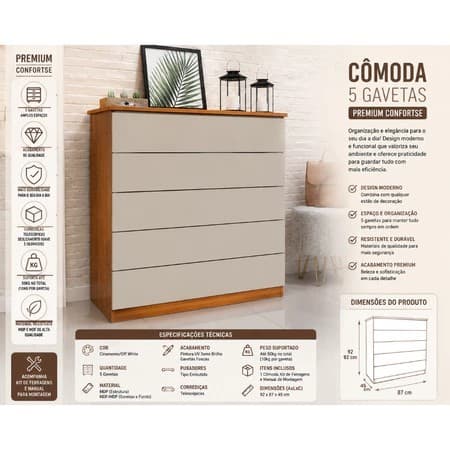 Cômoda 5 Gavetas Premium Confortse Design E Funcionalidade Cinamomo Com Off