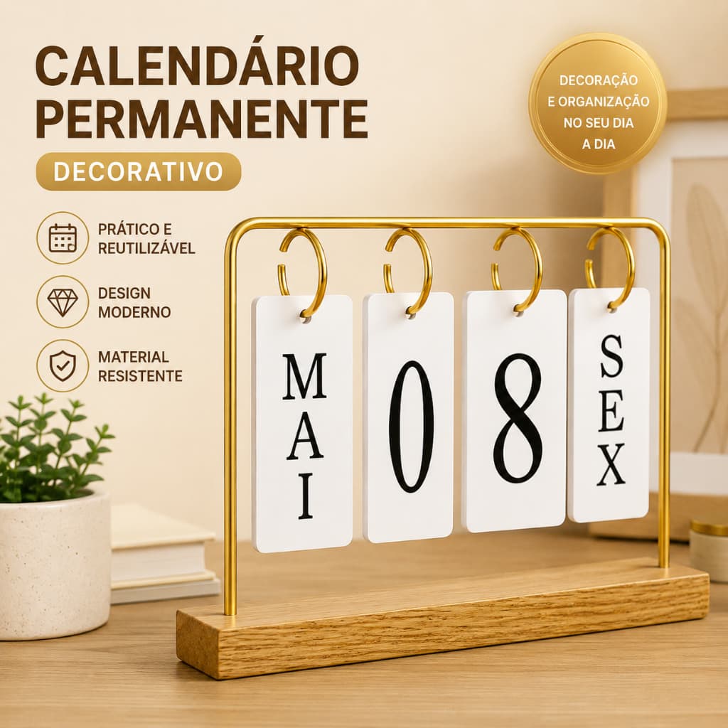 Calendário de Mesa Permanente Decorativo Madeira e Metal Dourado Data Giratória